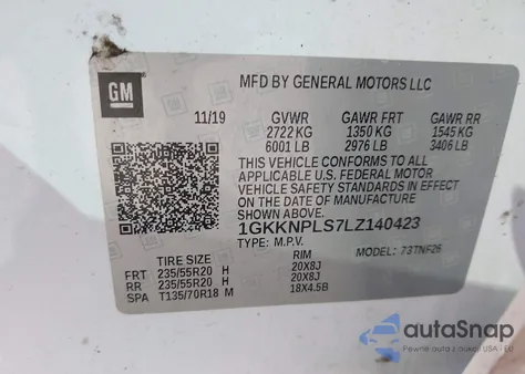 2020 GMC Acadia Fwd Denali z USA, uszkodzony, nr VIN 1GKKNPLS7LZ140423